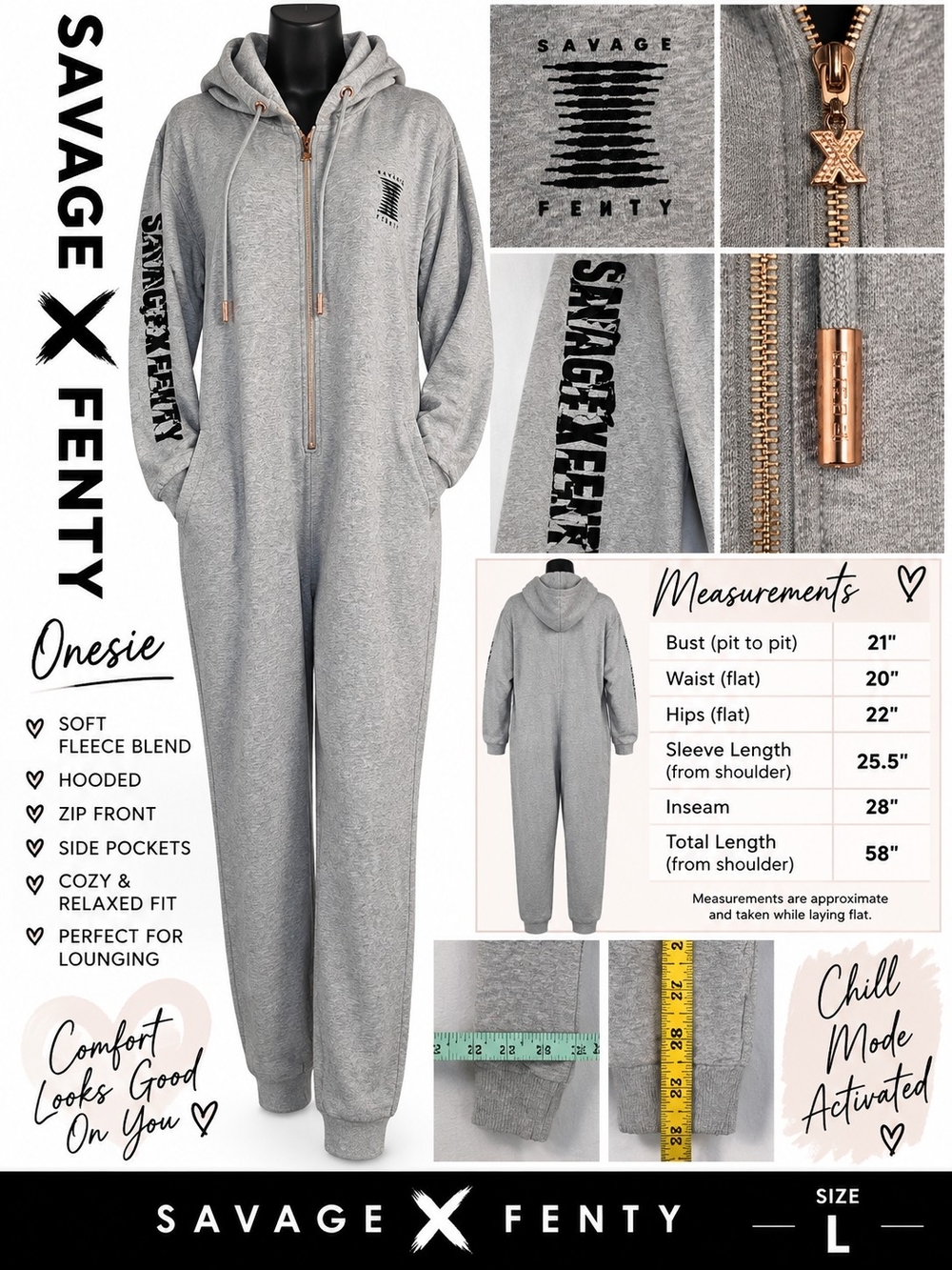 Savage X Fenty Womens One-Piece Hooded Zip Onesie - Gray